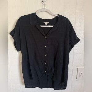 Lucky Brand Black Button-Front Tie Hem Short Sleeve Top Size Large